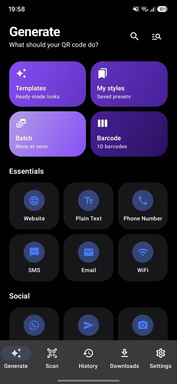 QR Nova Generate hub with Templates, My styles, Batch and Barcode shortcuts
