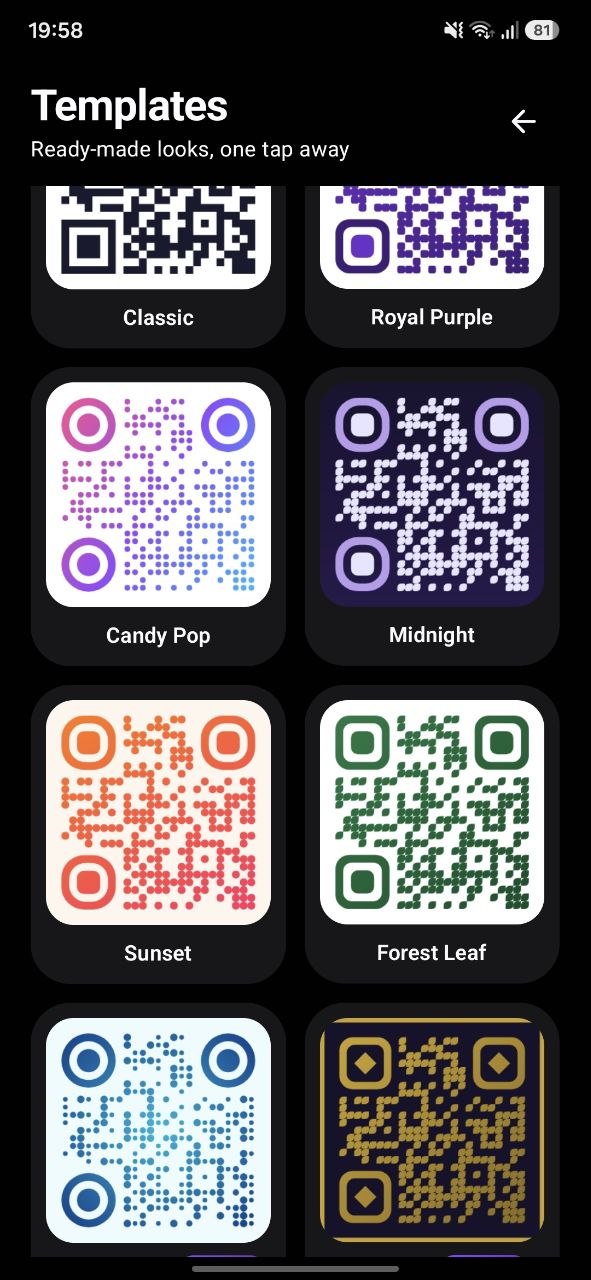 Template gallery with Candy Pop, Midnight, Sunset and Forest Leaf QR styles