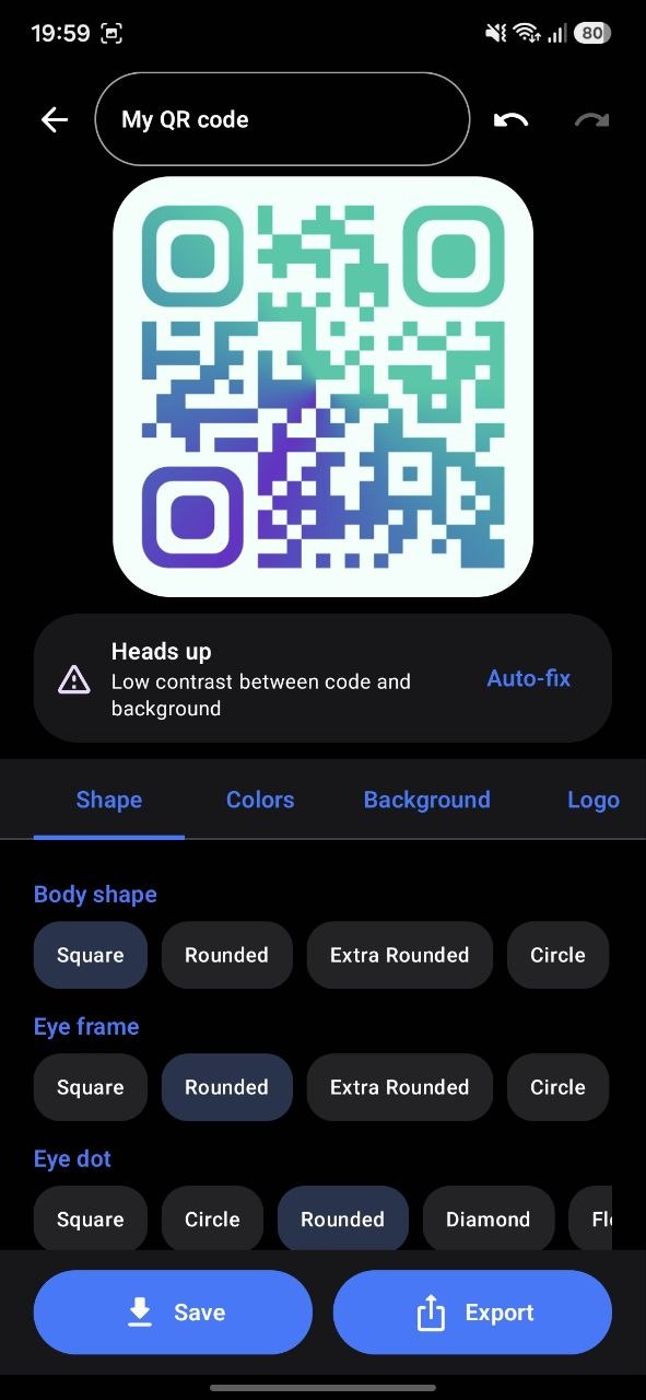 QR Nova design studio showing a teal-to-purple gradient QR code with shape options
