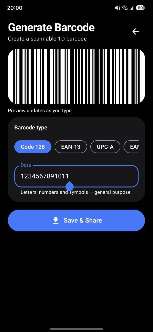 Generate Barcode screen showing a Code 128 barcode with type chips for EAN-13 and UPC-A